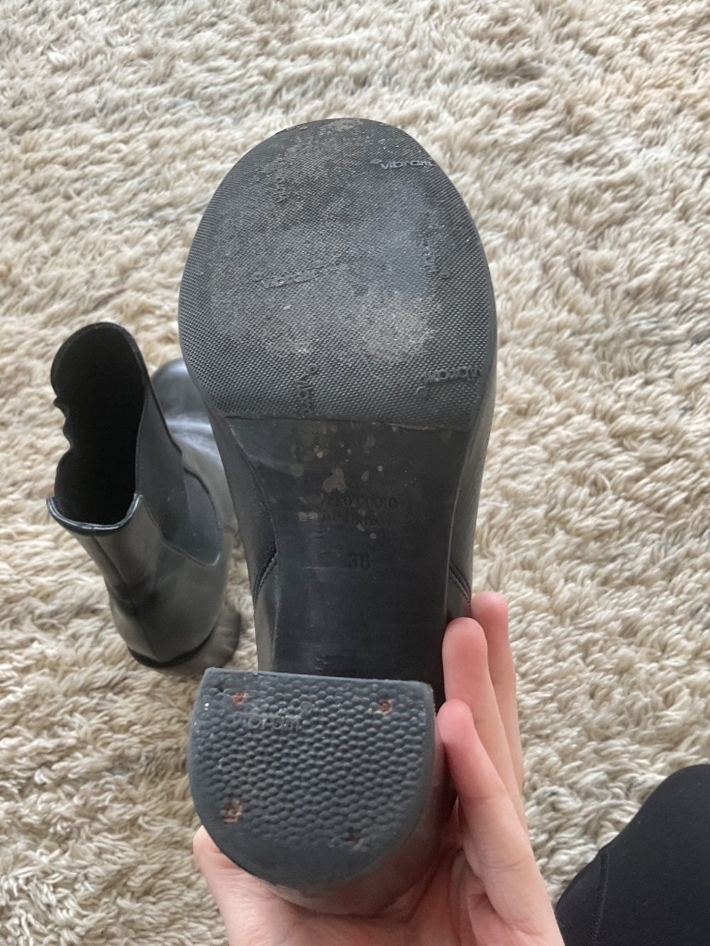 Black Vibram Style Heeled Leather Boots - Picture 6 of 14